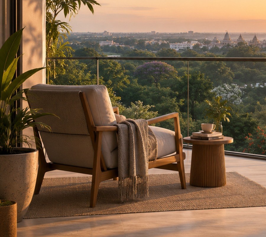 Sunset view towards the temples of Vrindavan from a residence deck